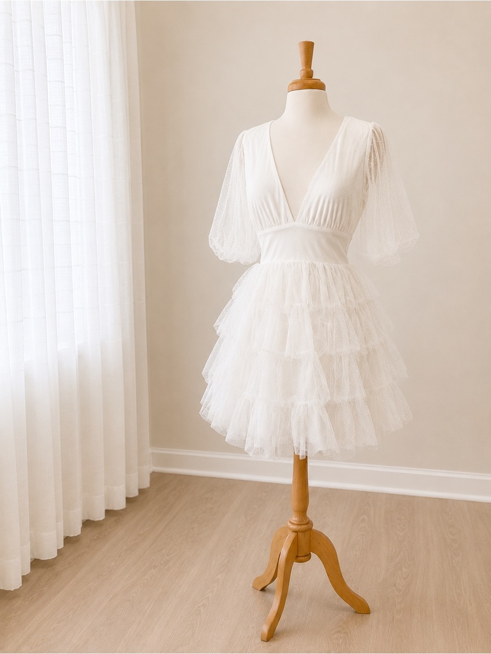 White Dot Tulle Puff Sleeve Tiered Mini Dress